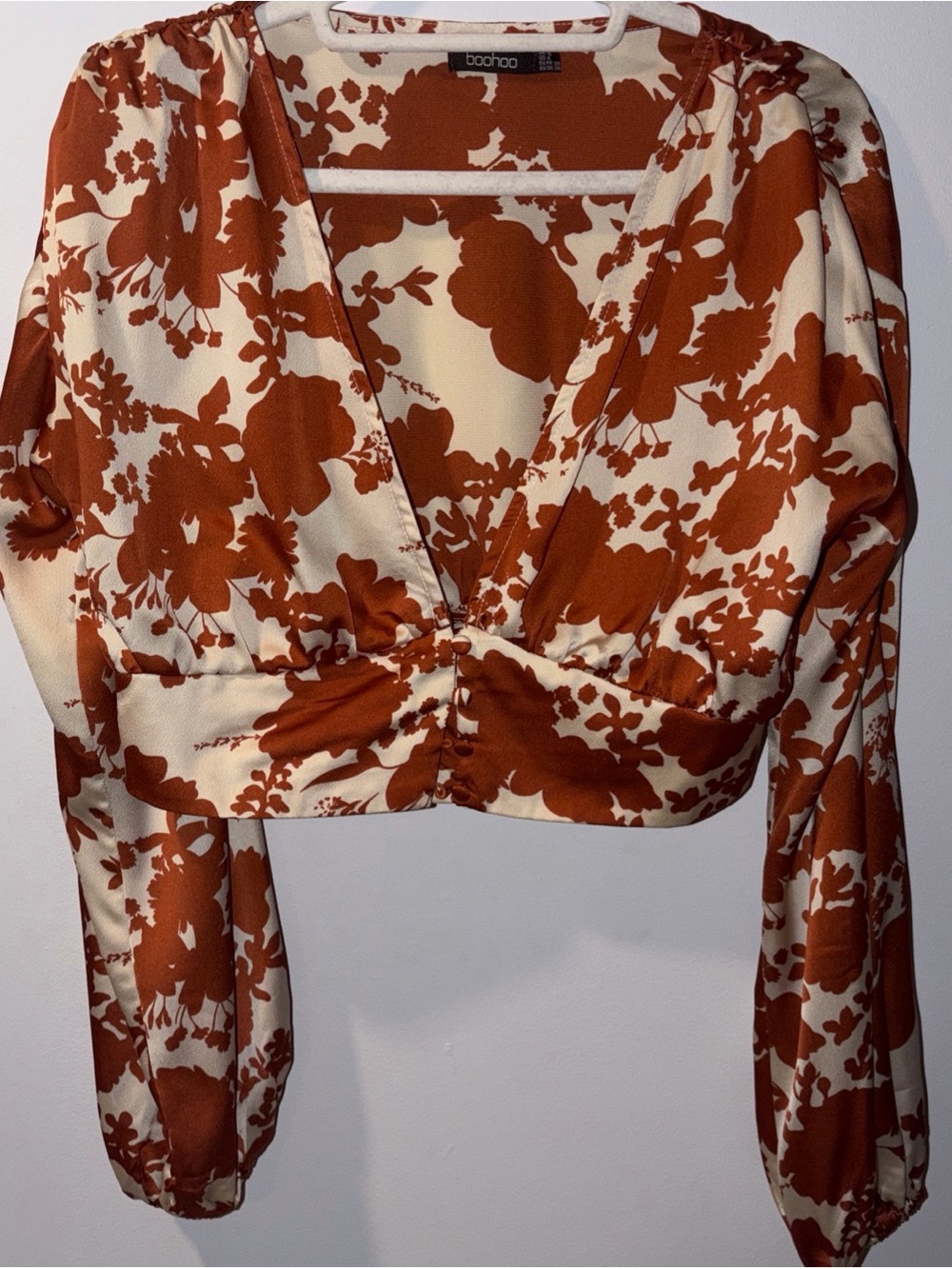 Long Sleeve Crop Too Blouse Floral Orange Rust Cream Floral Boho Festival